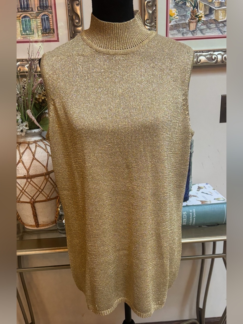 Jessica London Metallic Gold Shimmer Sleeveless Mock Neck Knit Shell Top Sz 18
